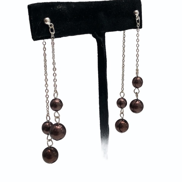VINTAGE BRONZE PEARL CHAIN DANGLE EARRINGS - Picture 1 of 9